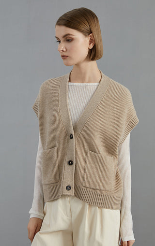 Camel V-neck cardigan in ribbed knit, button front with patch pockets and short sleeves