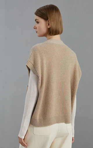 Camel ribbed knit cardigan back view, V-neckline and ribbed hem at bottom edge