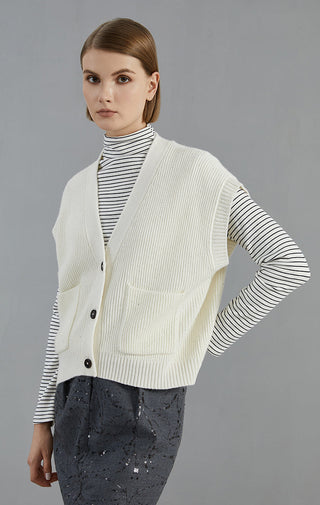 Ivory ribbed knit cardigan with V-neck, dark buttons, and front patch pocket detail