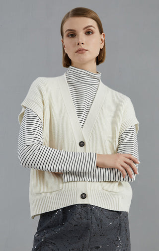 Ivory V-neck ribbed knit cardigan, button front with patch pockets and wide ribbed trim
