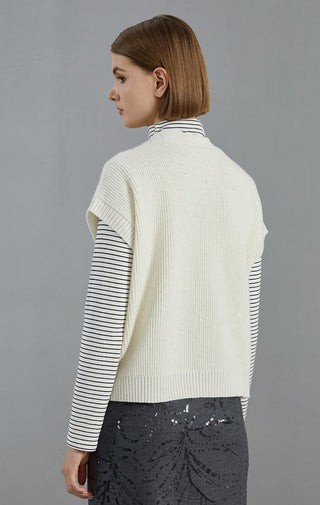 Ivory ribbed knit cardigan back view with ribbed hem and V-neckline edge
