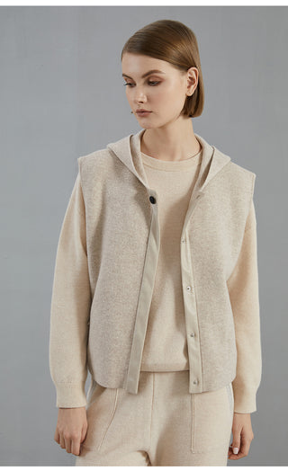 Camel wool hooded vest coat with button placket, hood, and layered front opening