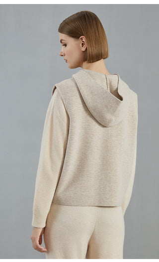 Camel wool hooded vest coat back view with hood and full-length hem finishing
