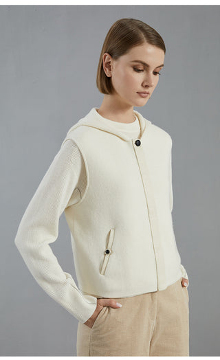 White wool hooded vest coat with drawcord hood and two-tone front seam detail