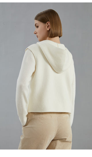 White wool hooded vest coat back view with hood and clean straight hem
