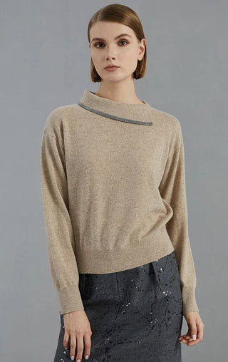Camel cashmere fine-knit pullover with beaded collar trim and crew neckline