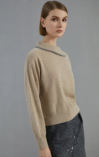 Camel cashmere knit pullover, side view; beaded collar trim and long sleeves