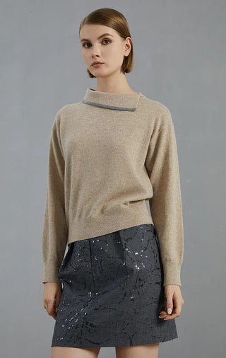 Camel cashmere pullover with beaded collar trim, relaxed fit, long sleeves