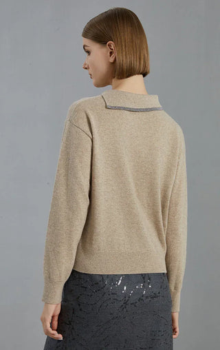 Camel cashmere knit pullover back view; beaded collar trim at crew neck