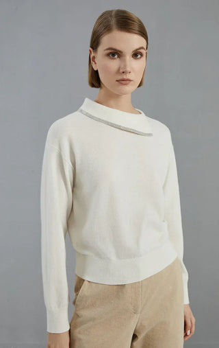 Ivory white cashmere fine-knit pullover with beaded collar trim and crew neckline
