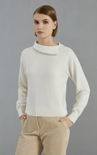 Ivory white cashmere knit pullover with beaded collar trim, cuffed sleeves