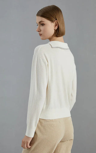 Ivory white cashmere fine-knit pullover back view; beaded collar trim at neck