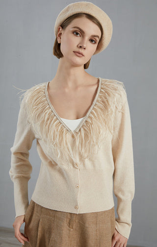 Apricot feather-trim cashmere cardigan, V-neck with button placket, front view
