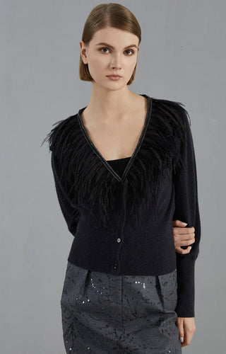 Black feather-trim cashmere cardigan, V-neck button placket, long sleeves