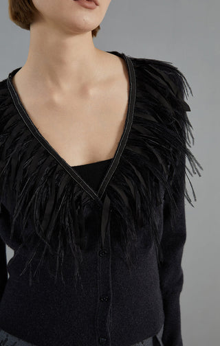 Black feather-trim cardigan close-up: V-neck trim and button front detail