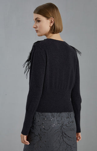 Black feather-trim cashmere cardigan back view, shoulder fringe detail, long sleeves
