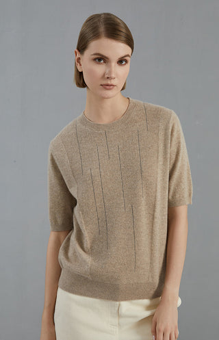 Camel cashmere short-sleeve sweater, crew neck, ribbed knit texture