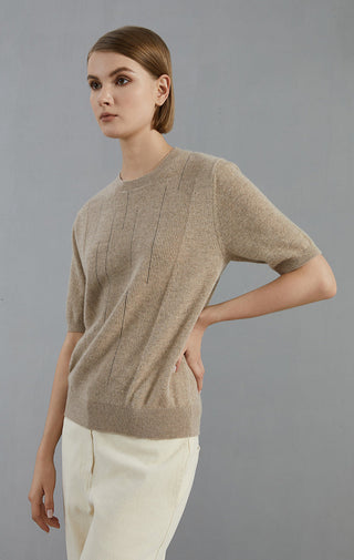 Camel cashmere short-sleeve sweater, side view, relaxed fit with ribbed hem