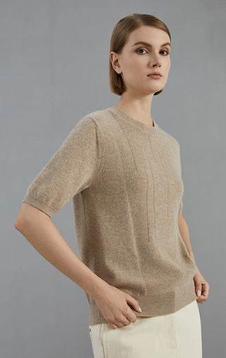 Camel cashmere short-sleeve sweater, angled view, crew neck and ribbed cuffs