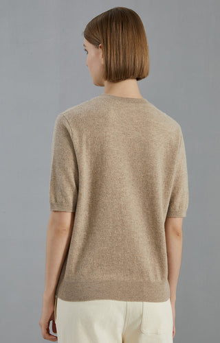 Camel cashmere short-sleeve sweater, back view, ribbed cuffs and straight hem