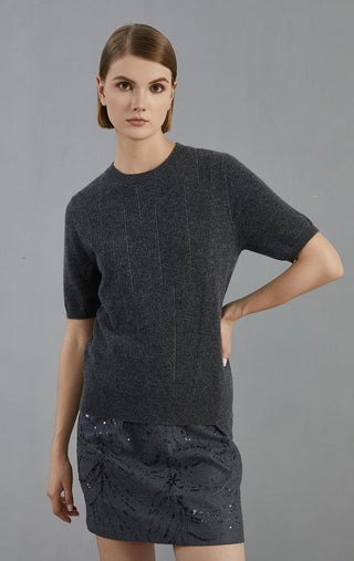 Dark gray cashmere short-sleeve sweater, crew neck, textured knit, side pose