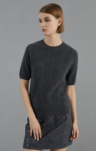 Dark gray cashmere short-sleeve sweater, front view, crew neck and ribbed hem