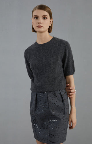 Dark gray cashmere short-sleeve sweater, front view, crew neck with ribbed cuffs