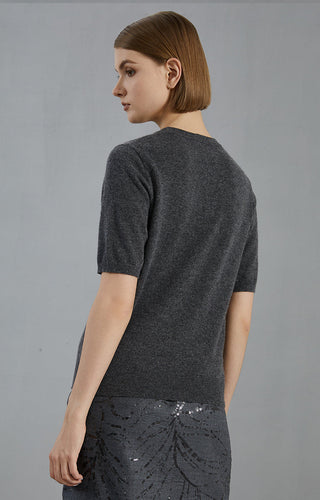 Dark gray cashmere short-sleeve sweater, back view, ribbed cuffs and straight hem