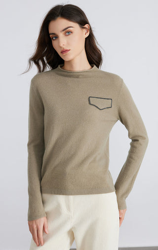 Olive cashmere knit crewneck top with long sleeves and stitched silver chain pocket detail