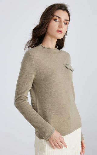 Olive cashmere crewneck top with long sleeves and stitched silver chain pocket detail