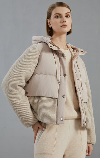 Camel hooded down jacket with ribbed knit sleeves and snap front buttons