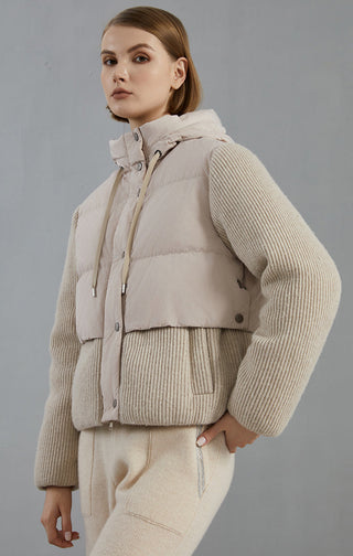Camel hooded down jacket 3/4 view with front pockets, drawstring cords, and snaps