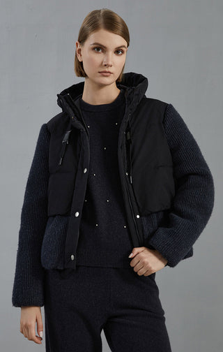 Dark gray knit-sleeve hooded puffer jacket with front snaps and two hanging drawstrings
