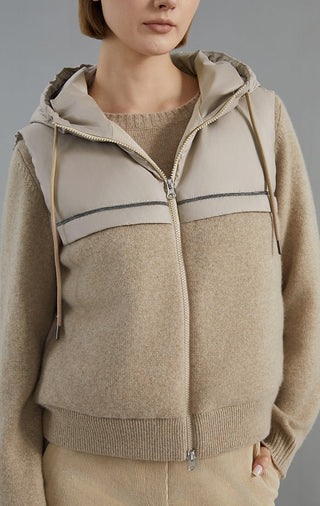 Camel hooded down vest front view with full zip, drawcord, and contrasting panel stripes