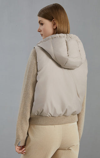 Camel hooded down vest back view with quilted hood lining and full-zip knit trim