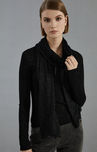Black wool-blend lightweight scarf, draped around neck with long hanging ends