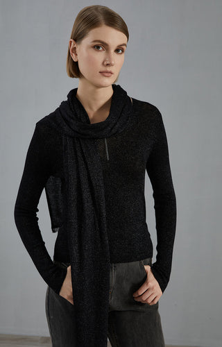 Black wool-blend scarf with center seam detail and layered draped folds