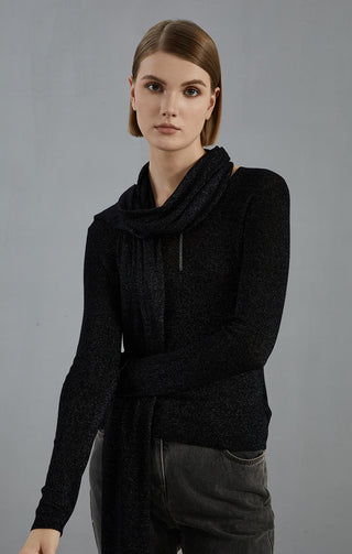 Black lightweight scarf with hood-like neckline drape and textured knit look
