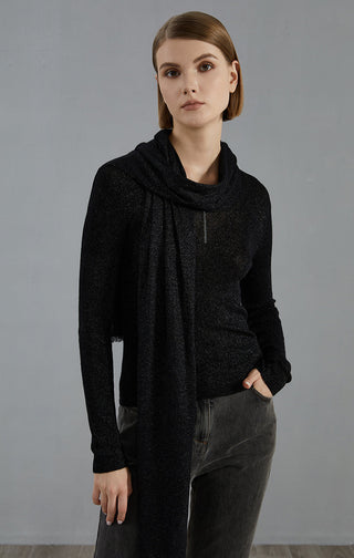 Black wool-blend lightweight scarf, loosely wrapped with ends falling down