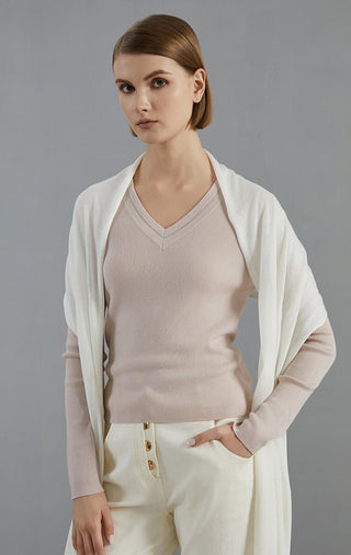 Off-white lightweight wool-blend scarf, hanging long with fringed trim at lower edge