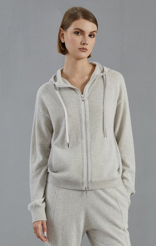 Light gray zip hoodie cardigan with beaded pocket detail, front view