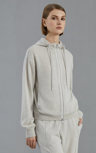 Light gray zip hoodie cardigan, kangaroo pocket with beaded detail, side view