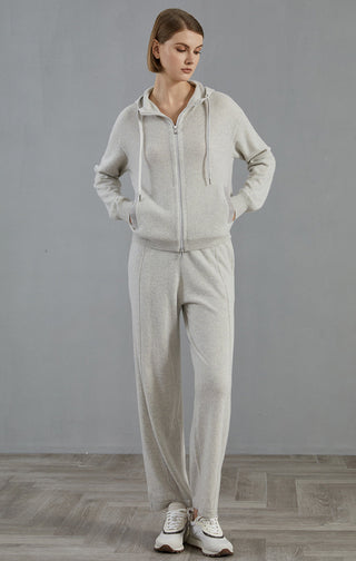 Light gray zip hoodie cardigan, full-body front view with drawstring hood