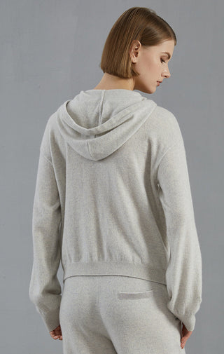 Light gray zip hoodie cardigan, back view with hood and drawstring ties