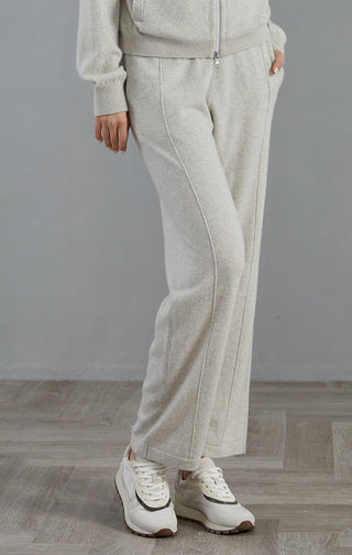 Light gray cashmere straight-leg pants, full-length side seam and tapered straight legs