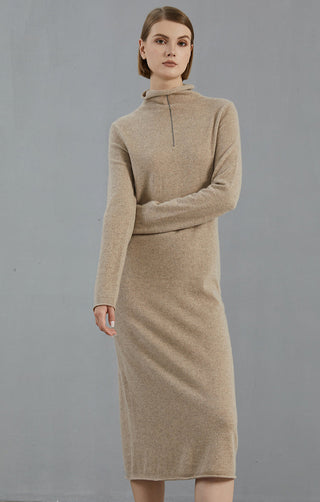 100% Pure Cashmere Midi Dress with Zip Collar