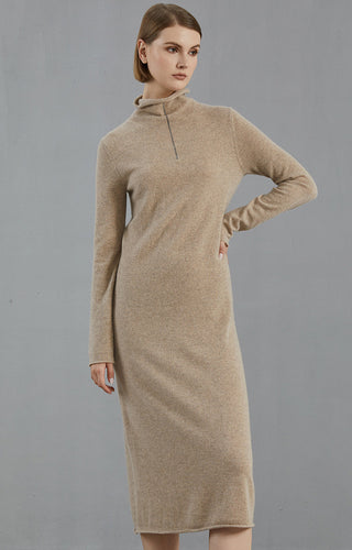 Camel cashmere midi dress, front three-quarter view, high neck and long sleeves