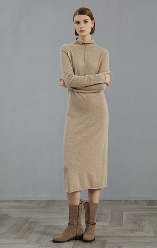 Camel cashmere midi dress, front view with arms crossed, high neck and midi length