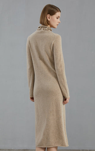 Camel cashmere midi dress, back view, high neck and long sleeves