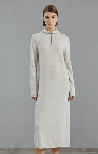 Light gray cashmere midi dress with high neck and long sleeves, front view